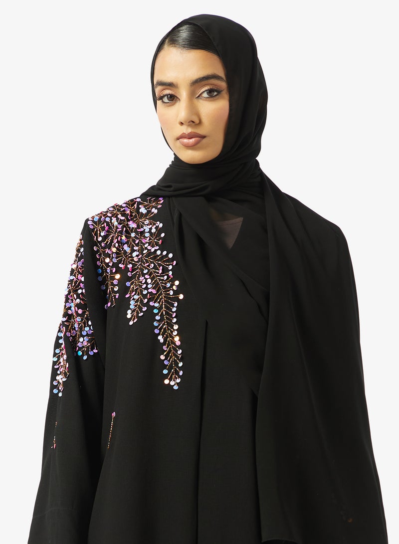 هيا كلوزيت عباية مفتوحة مطرزة بزخارف وزهور بياقة مستديرة - Image 3